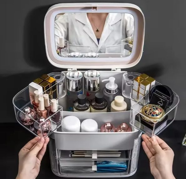 LED Makeup Vanity Case, Cosmetic Organiser with Illuminated Mirror, Multiple Compartments