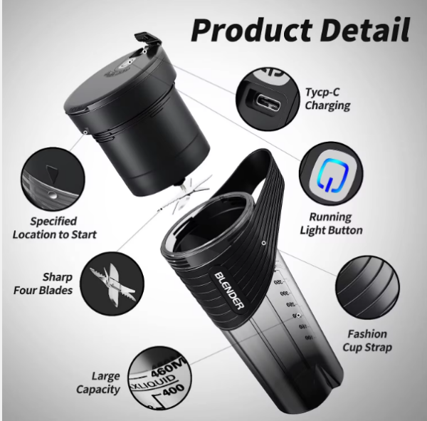 2-in-1 Electric Protein Shaker Bottle, Portable Wireless Handheld Blender, USB-C Rechargeable, for Gym, Travel, Sports - C-Type Charging, 4000MAH Capacity. (Color Blue)