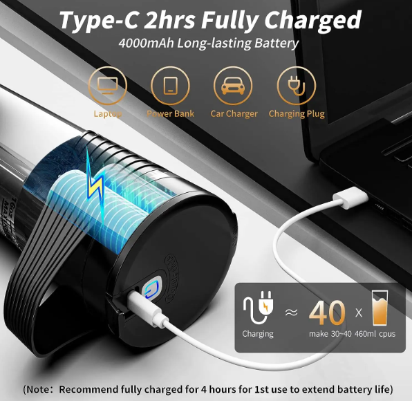 2-in-1 Electric Protein Shaker Bottle, Portable Wireless Handheld Blender, USB-C Rechargeable, for Gym, Travel, Sports - C-Type Charging, 4000MAH Capacity. (Color Blue)