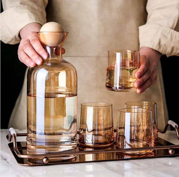 Handmade Crystal Glass Carafe Water Pitcher Jug with Wooden Lid, 4 Glasses