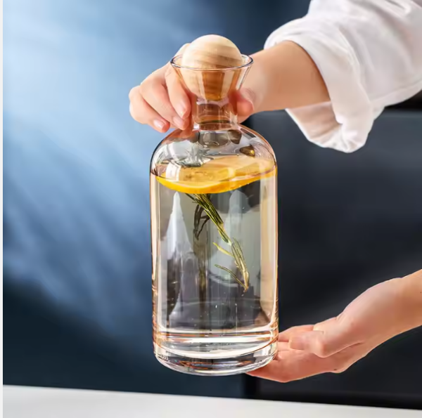 Handmade Crystal Glass Carafe Water Pitcher Jug with Wooden Lid, 4 Glasses