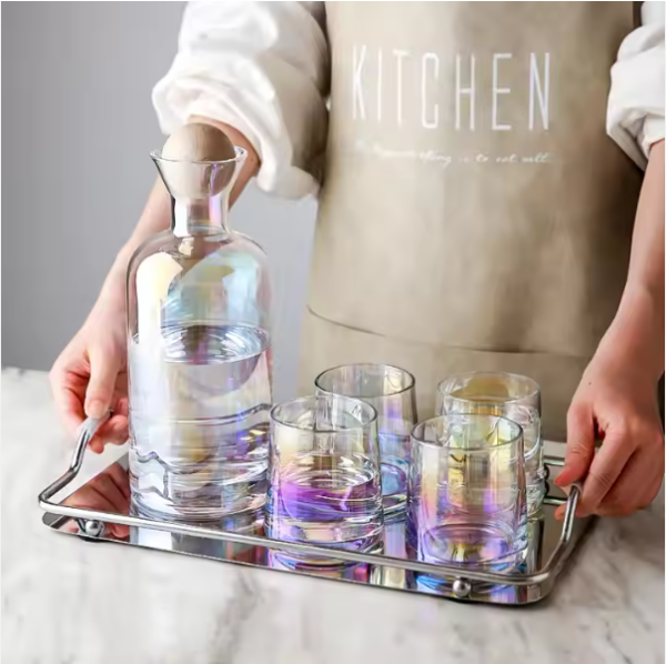 Handmade Crystal Glass Carafe Water Pitcher Jug with Wooden Lid, 4 Glasses